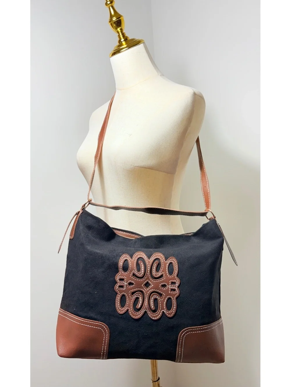 Black Suede and Brown Vegan Leather Shoulder Bag with Adjustable Strap